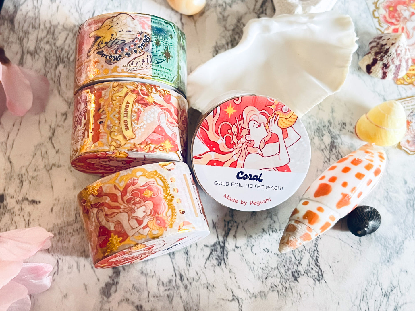 GOLD FOIL Coral Ticket Washi Tape